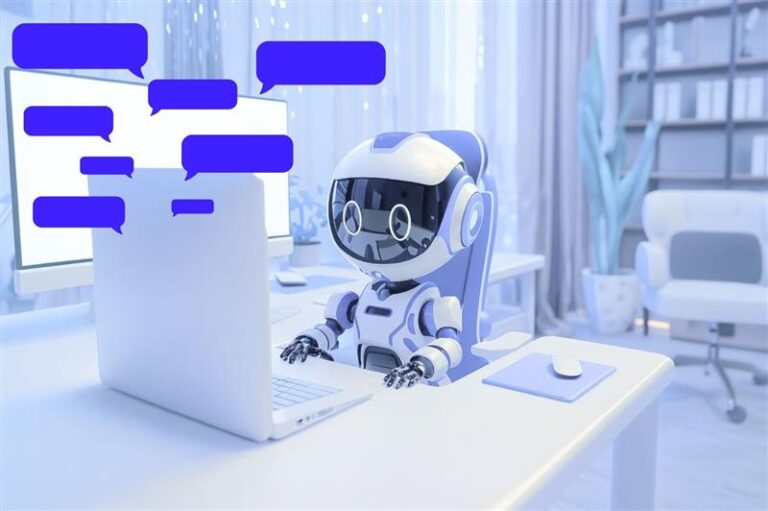 Robô interagindo em um notebook com balões de mensagens, representando automação de remarketing no atendimento digital.