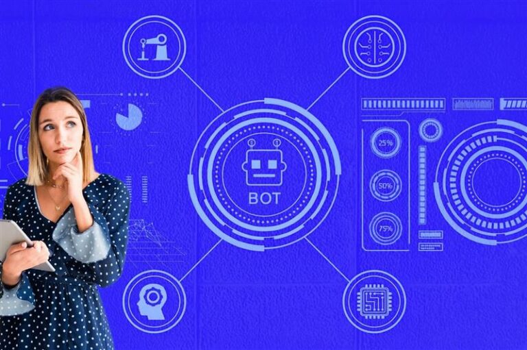 Pessoa pensativa com tablet ao lado de ícones de automação e chatbot, representando o uso estratégico do WhatsApp para comunicação empresarial.