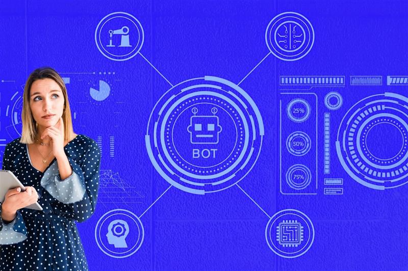 Pessoa pensativa com tablet ao lado de ícones de automação e chatbot, representando o uso estratégico do WhatsApp para comunicação empresarial.