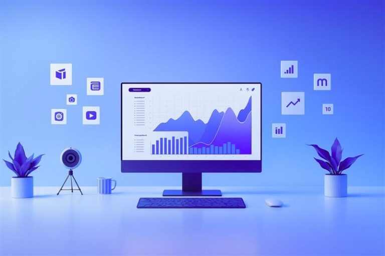 Tela de computador exibindo gráficos de crescimento e métricas digitais, representando a escolha da plataforma ideal para infoprodutos.