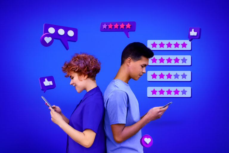 Jovens no celular cercados por ícones de avaliações.