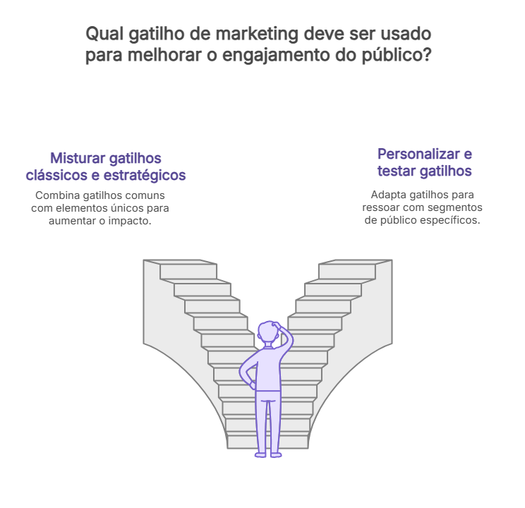 Ilustração mostrando dois caminhos: misturar gatilhos clássicos + estratégicos ou personalizar/testar públicos