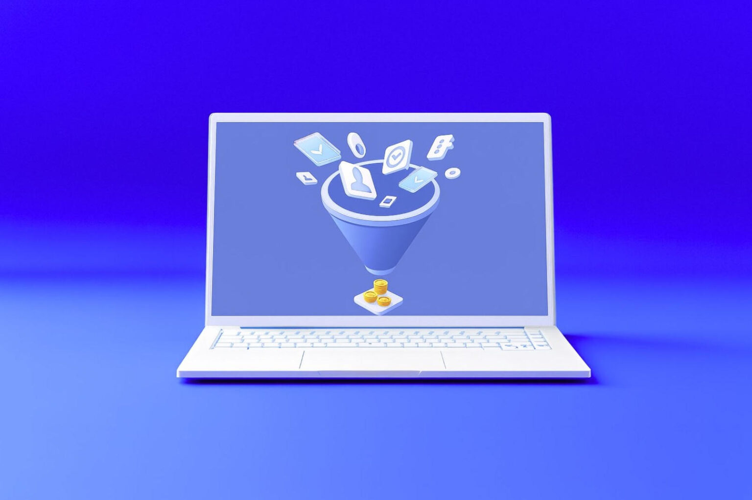 Ilustração de funil digital em laptop representando conversão de leads em clientes.