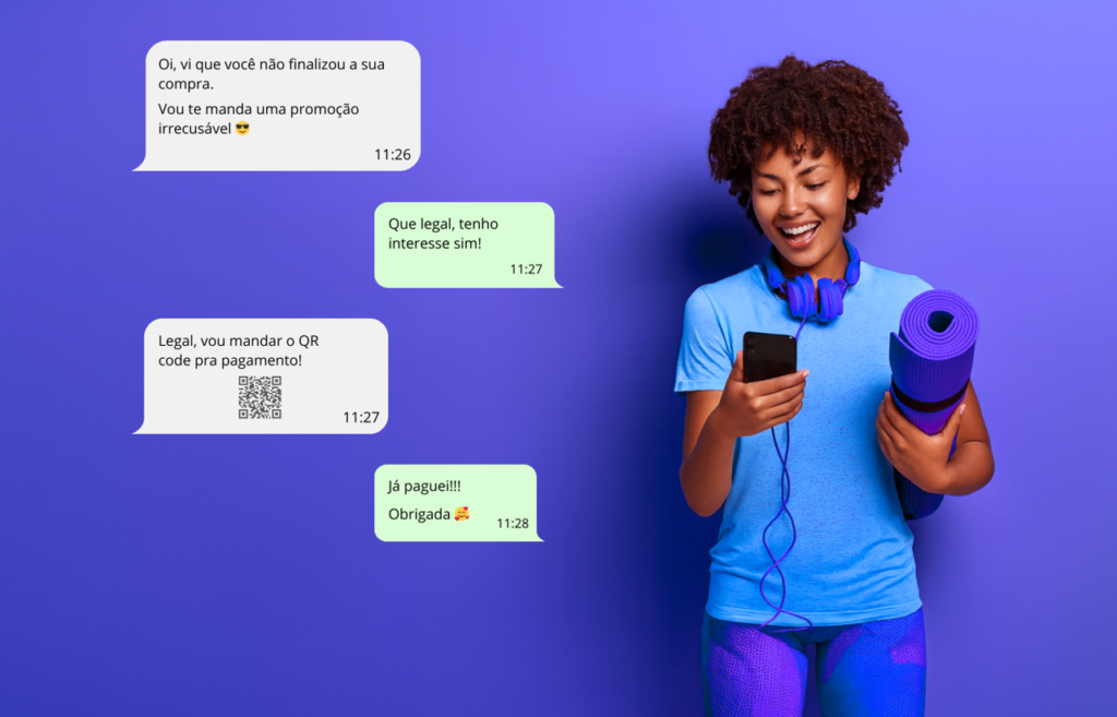 Cliente recebe oferta no WhatsApp, confirma interesse e finaliza compra.