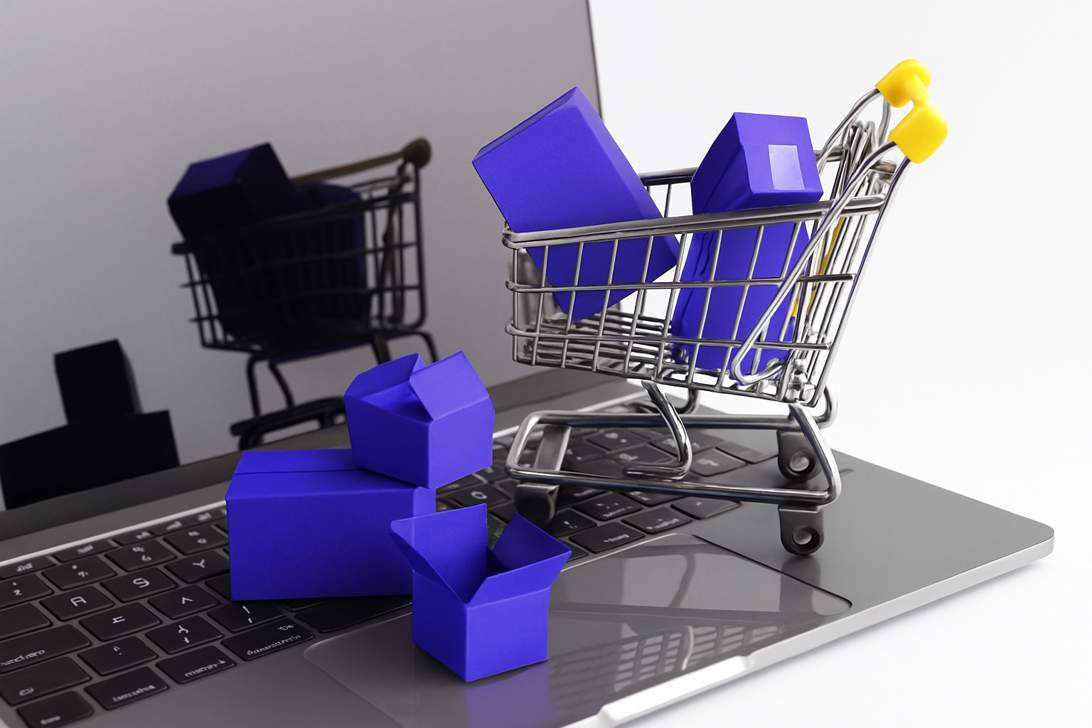 Carrinho de compras com caixas roxas em cima de um notebook, simbolizando vendas online.