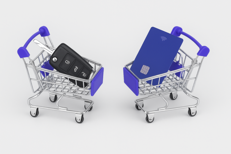 Dois carrinhos de compras lado a lado: um com chave de carro e outro com cartão de crédito, representando produtos de alto e baixo valor.