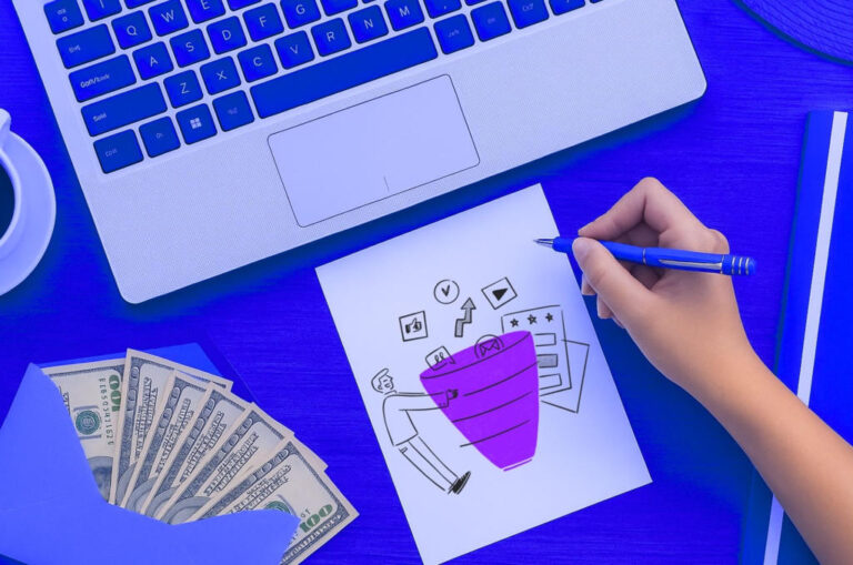 Desenho de funil de vendas ao lado de laptop e notas de dólar.