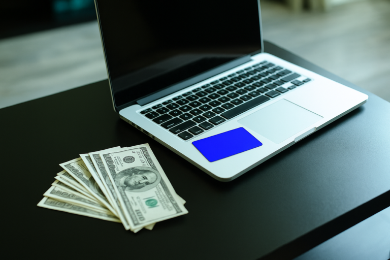 Notas de dólar ao lado de um notebook sobre uma mesa escura.