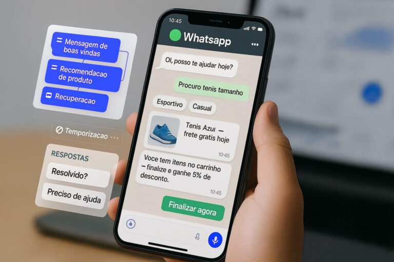 Celular exibindo conversa automatizada no WhatsApp com sugestões de produto, botões interativos e mensagens de recuperação de carrinho.