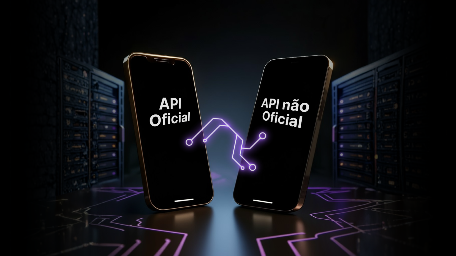 Dois celulares com fundo escuro mostrando "API Oficial" e "API não oficial", conectados por circuito digital roxo.