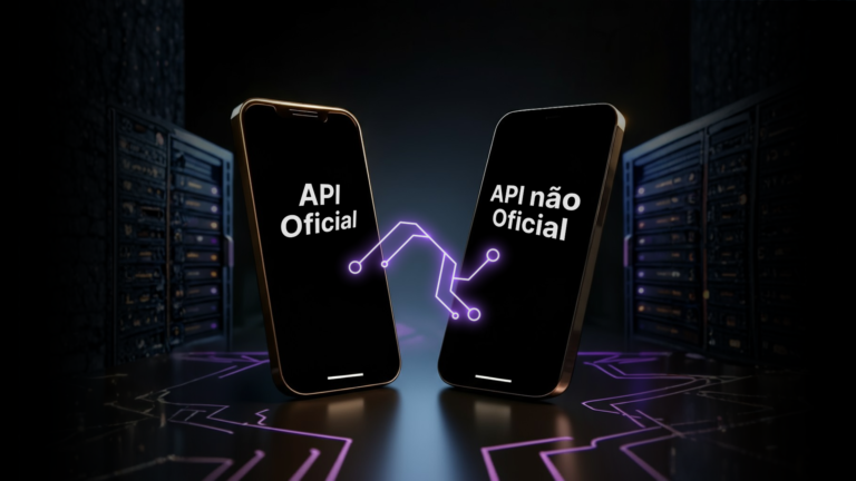 Dois celulares com fundo escuro mostrando "API Oficial" e "API não oficial", conectados por circuito digital roxo.