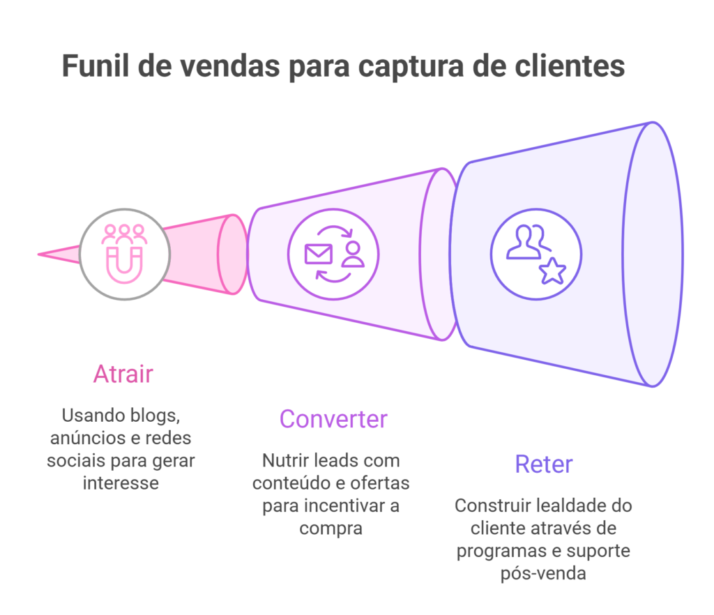 Gráfico em formato de funil mostrando as etapas: Atrair, Converter e Reter no processo de vendas.