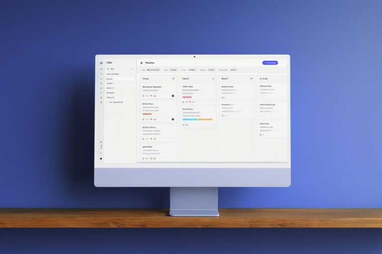 Tela de computador exibindo um painel de CRM com colunas de status de leads e cards de clientes organizados em etapas do funil.