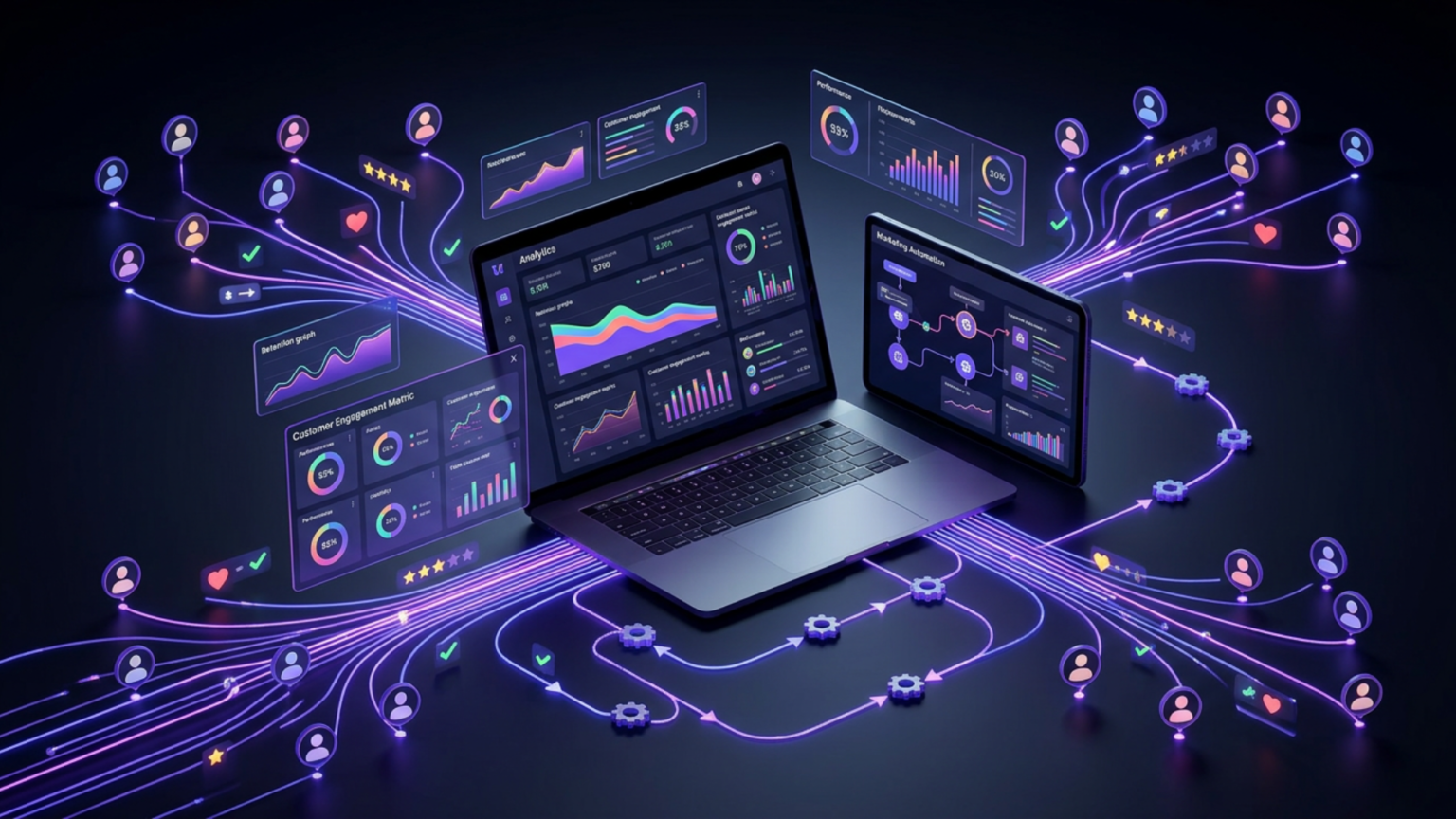 Laptop e tablet exibindo dashboards de CRM e marketing enquanto conexões digitais ligam dados, clientes e automações ao redor.