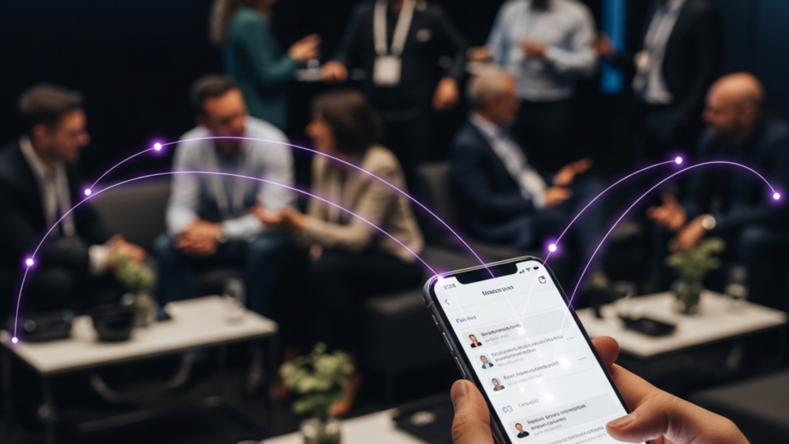 Pessoa segurando um smartphone com aplicativo de contatos ou avaliações aberto enquanto, ao fundo, profissionais conversam em um evento corporativo conectados por linhas digitais.
