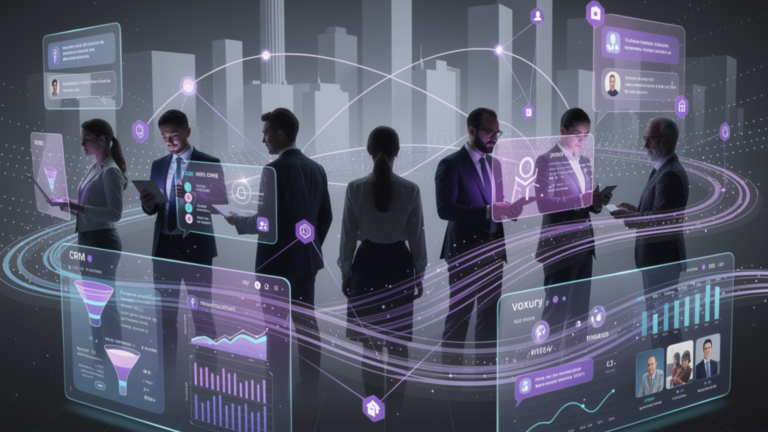 Profissionais de negócios interagindo com interfaces digitais de CRM, dados e automação, representando o futuro das vendas B2B e o networking híbrido.