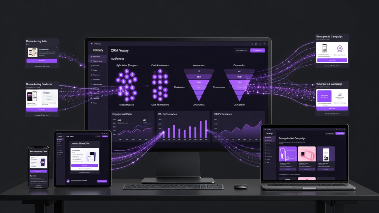 Painel de CRM exibido em múltiplos dispositivos mostrando funil de vendas, dados de clientes e campanhas automatizadas conectadas por fluxos digitais.