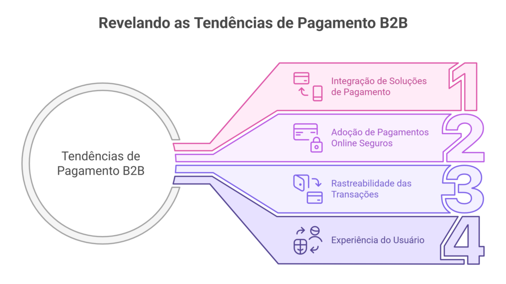 Infográfico mostrando quatro tendências de pagamento B2B: integração de soluções de pagamento, pagamentos online seguros, rastreabilidade das transações e experiência do usuário.