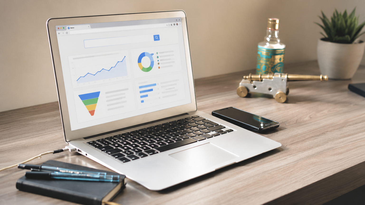 Notebook exibindo painel de métricas de SEO e funil de conversão sobre uma mesa de trabalho, acompanhado de smartphone e materiais de escritório.