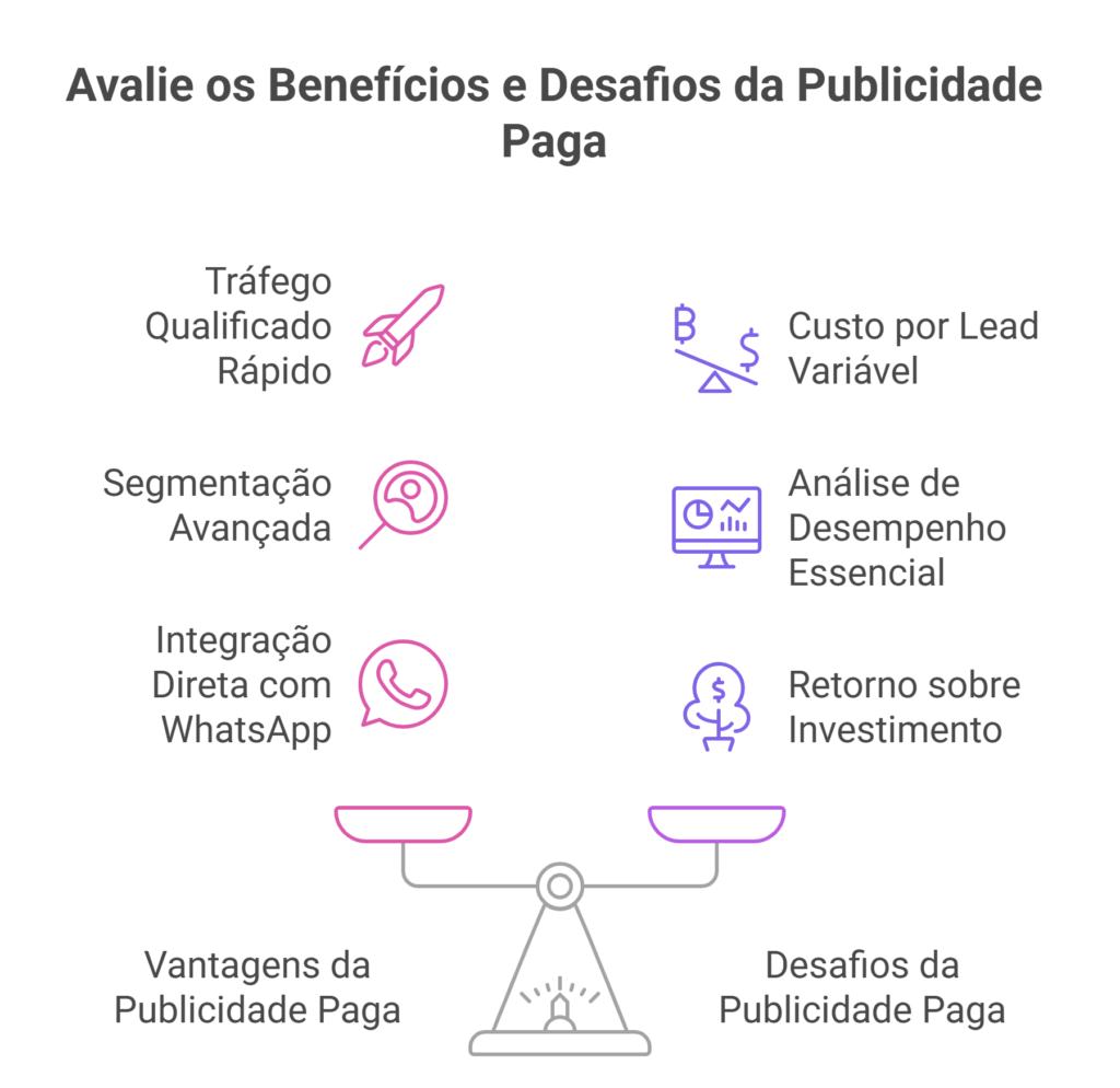 Infográfico comparando benefícios e desafios da publicidade paga para geração de leads.