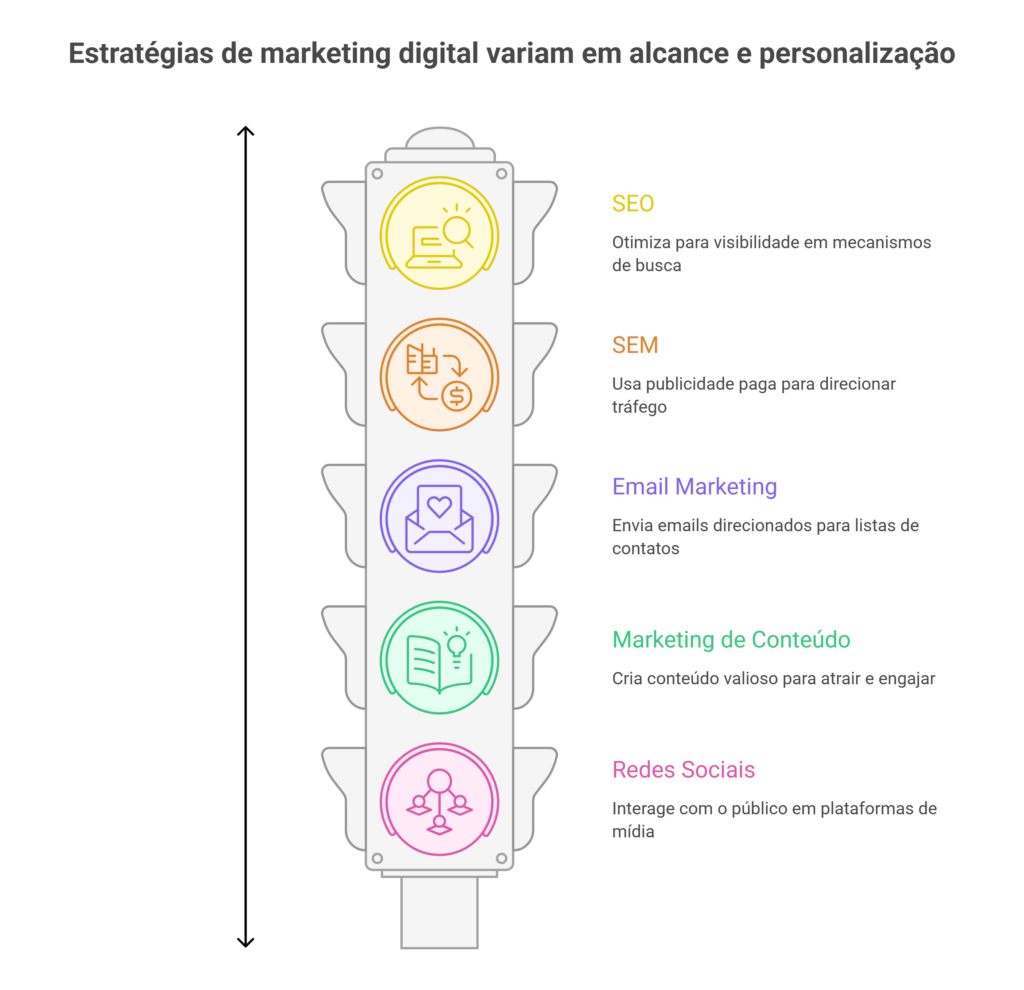 Ilustração em formato de semáforo apresentando os principais canais de uma estratégia de marketing digital.