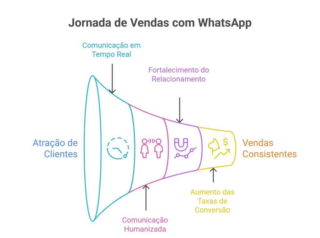 Funil ilustrando a jornada de vendas pelo WhatsApp, desde a atração de clientes até o aumento das conversões.